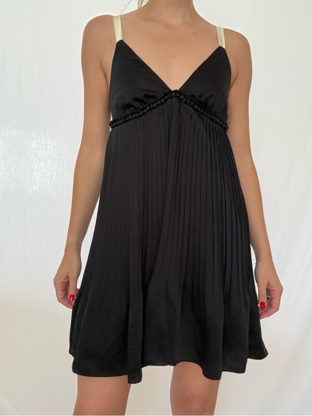 Elizabeth and James Black Pleated V-Neck Mini Dress with Cream Straps